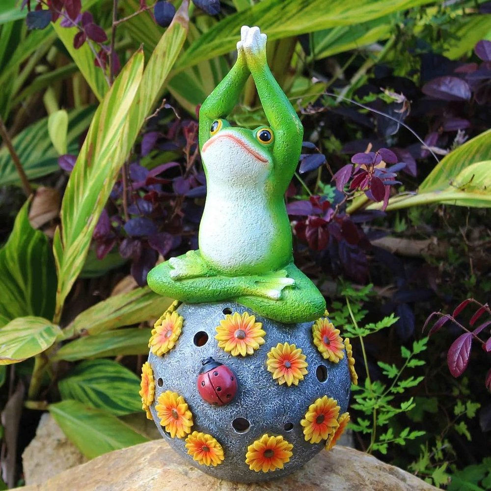 Yellow Flower Sitting Ball Resin Yoga Frog Statue for Home and Garden Decor